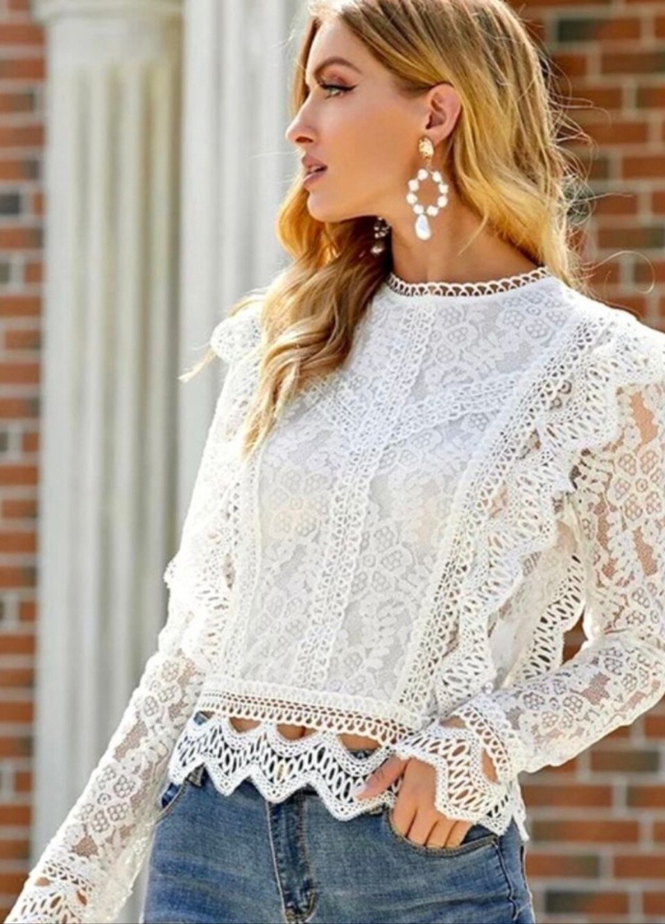 Adiva White Lace Crochet-Trim Long Sleeve Top